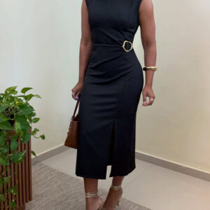 Women's Sleeveless Midi Dress Gold Buckle Ruched Front Slit Bodycon Dress