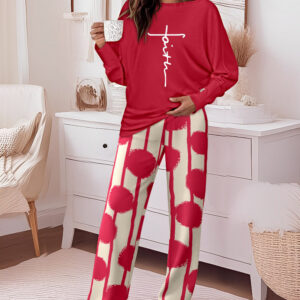 2 Pieces Outfit Letter Print Batwing Sleeve Loose Top and Striped & Polka Dot Print Elastic Waist Pants Set Casual Pajamas Set