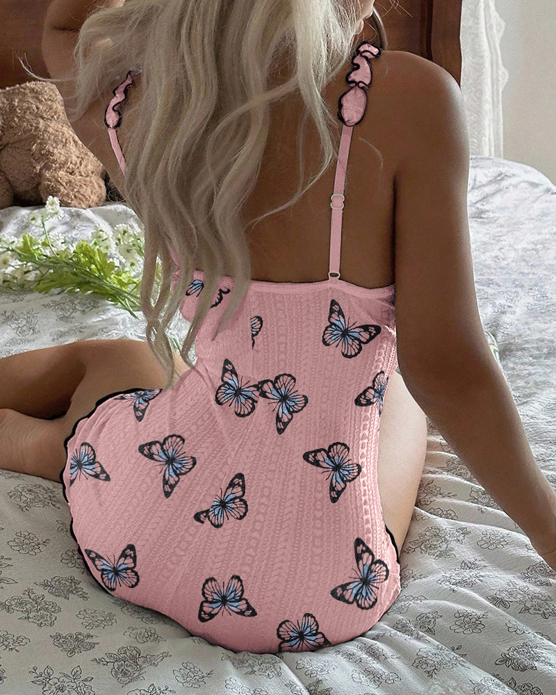 Butterfly Print Notch Neck Adjustable Spaghetti Straps Contrast Piping Trim Romper Slim Fit Bowknot Decor Ruffles Spliced Backless Jacquard Textured Pajama Romper - Image 2