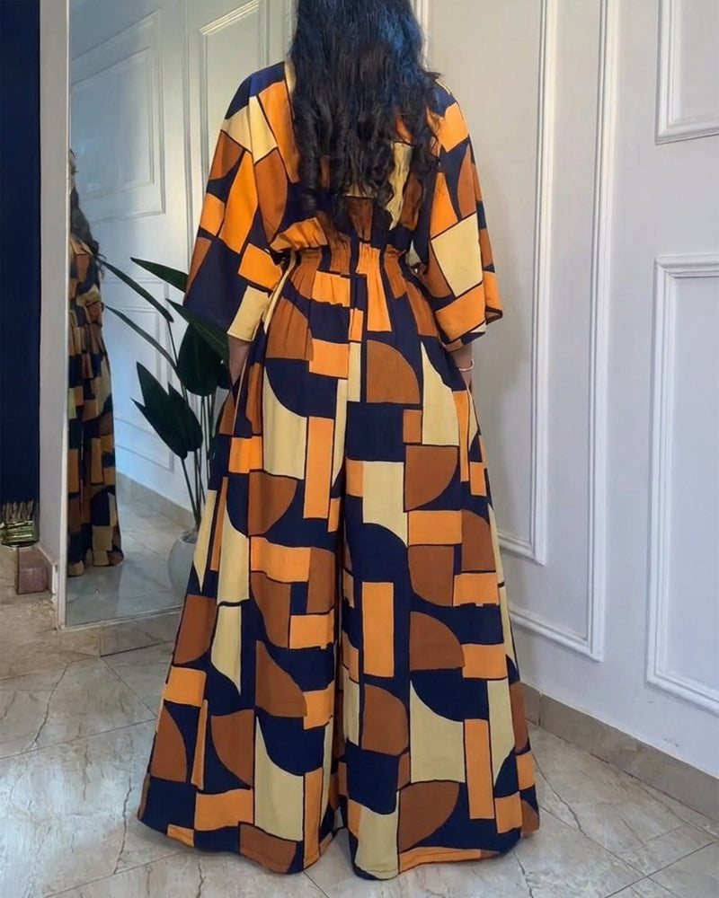 Colorblock Geometric Print V-Neck Batwing Sleeve Ruched Waist Overalls Casual Cinched Waist Wide Leg Jumpsuit - Image 3