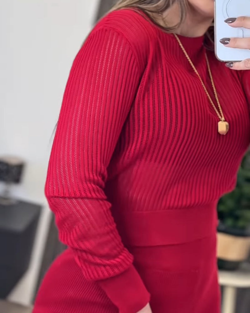 Round Neck Long Sleeve Vertical Pit Texture Top and Casual Wide Leg Pants Set - Image 10