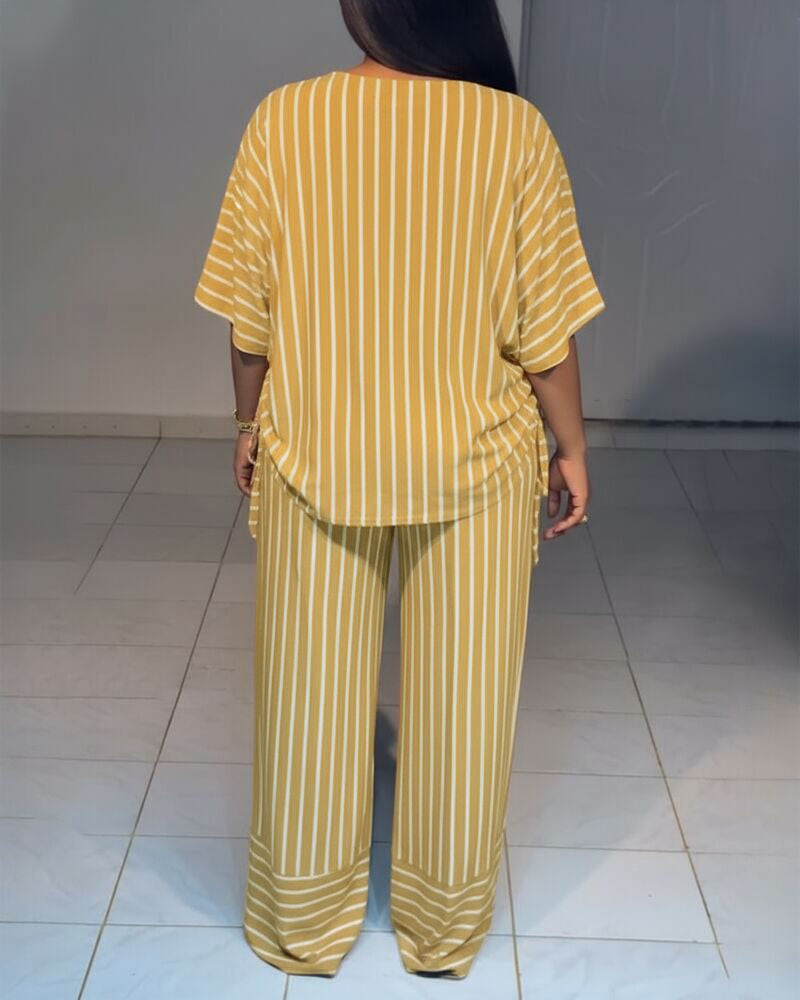 Women's Striped 2 Piece Outfits V Neck Short Sleeve Drawstring Top and Wide Leg Pants Set with Pockets - Image 2