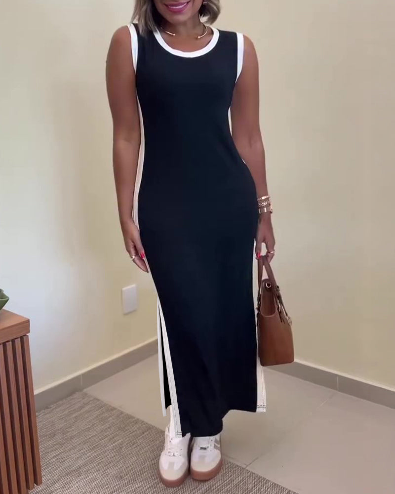 Women's Contrast Binding Tank Dress Slim Fit Sleeveless Maxi Dress Side Slit Casual Knit Sundress - Image 3