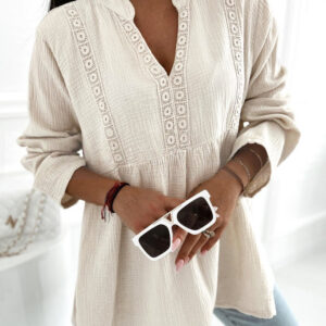 Notch Neck Long Sleeve Shirt Contrast Lace Loose Fit Casual Blouse