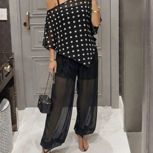 Women's 3 Piece Outfits Polka Dot Skew Neck Cape Top and Sheer Lantern Pants Set with Camisole Liner Party Clubwear