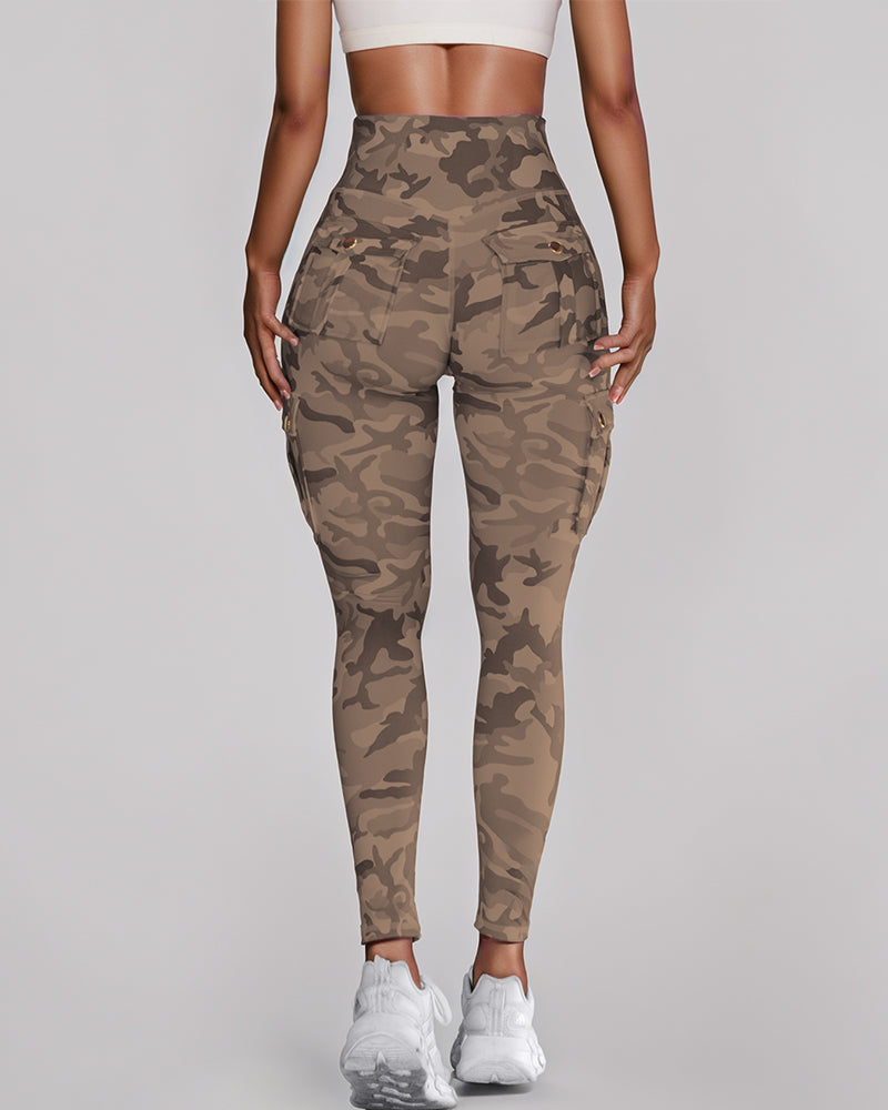 Camouflage Print High Waist Skinny Leggings with Cargo Flap Pockets Casual Pants - Image 9