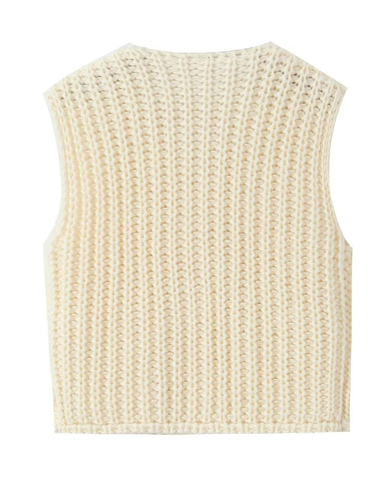 V-Neck Sleeveless Button Front Knit Vest Casual Loose Fit Sweater Top with Pockets - Image 5