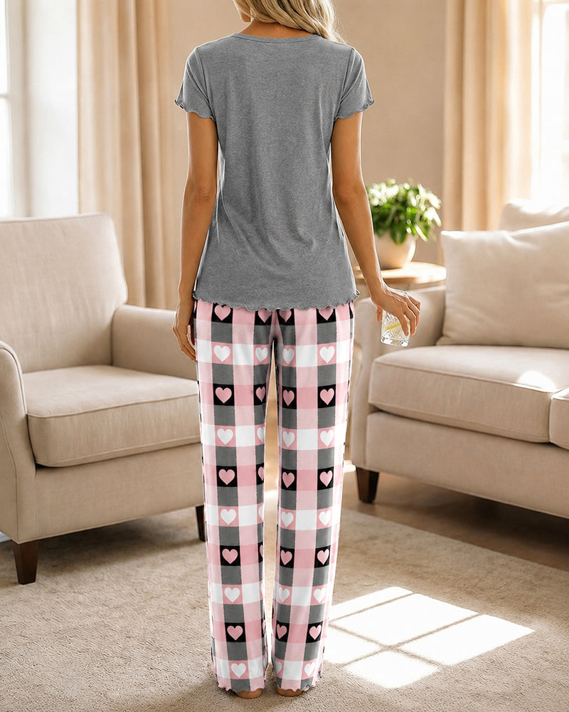Women's Frill Hem Two Piece Pajama Set Heart Slogan Short Sleeve Top and Plaid Straight Leg Pants Casual Lounge Set - Image 2