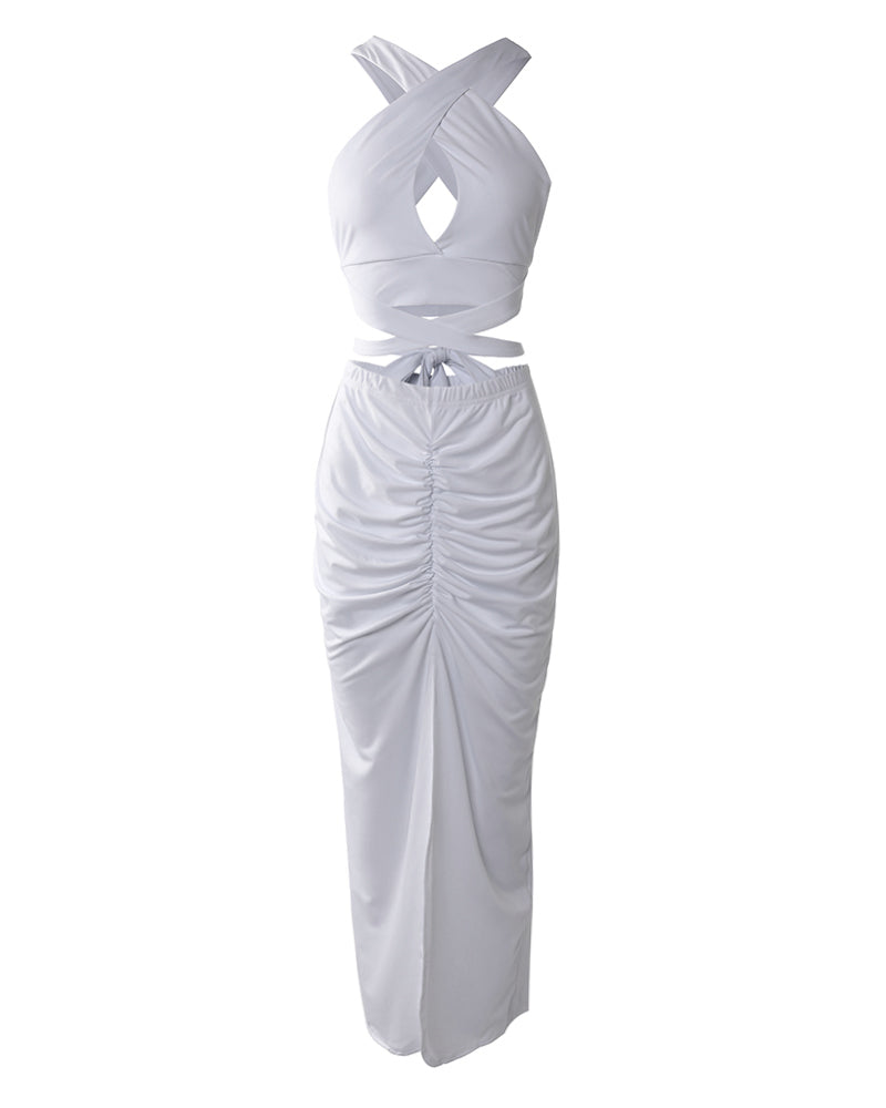 Women's Two Piece Set Criss Cross Halter Backless Crop Top and High Slit Ruched Skirt Sexy Matching Set - Image 6