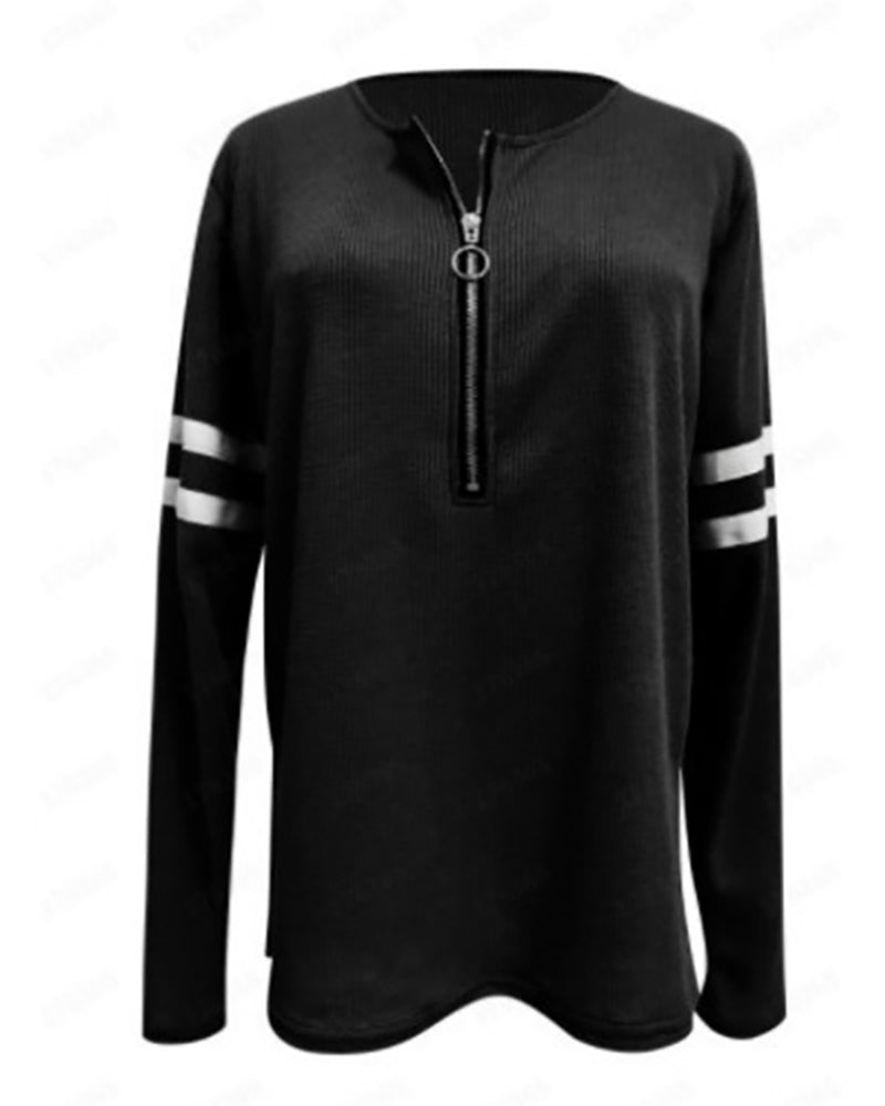 Striped Print Zipper Front Long Sleeve Top Waffle Knit Loose Fitting Tunic Tops - Image 17