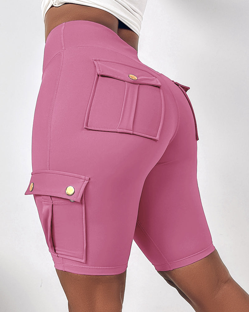 Tummy Control Butt Lifting Active Shorts High Waist Flap Pocket Workout Bermuda Cargo Running Shorts - Image 14