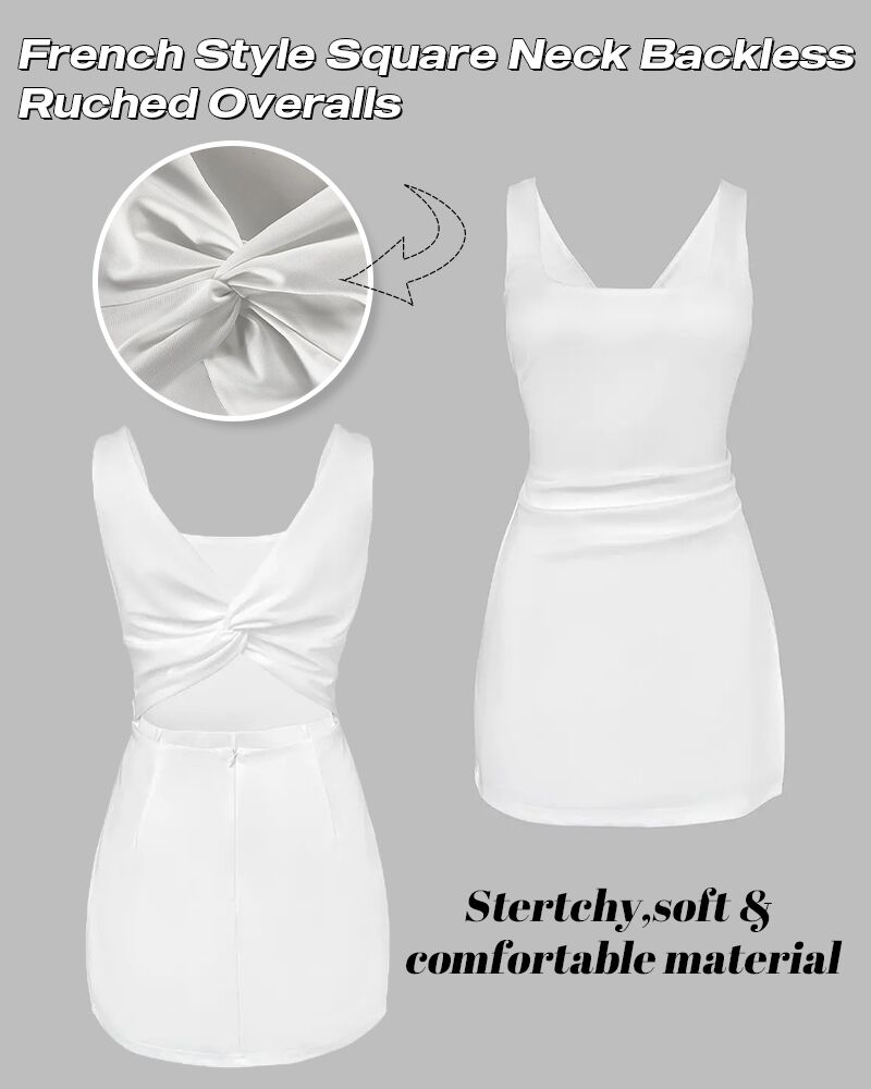 French Style Square Neck Backless Zipper Back Overalls Twist Back Ruched Slim Fit Slit Faux Two-Piece Skort Romper - Image 7