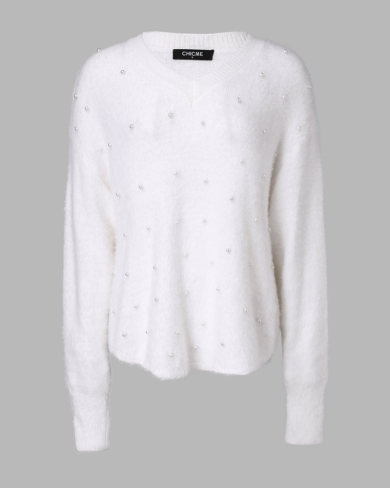 V-Neck Long Sleeve Beaded Decor Oversized Sweater Fluffy Pullover Top - Image 7