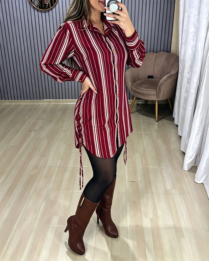 Women's Striped Shirt Dress Button Down Long Sleeve Shirred Waist Casual Dress - Image 17