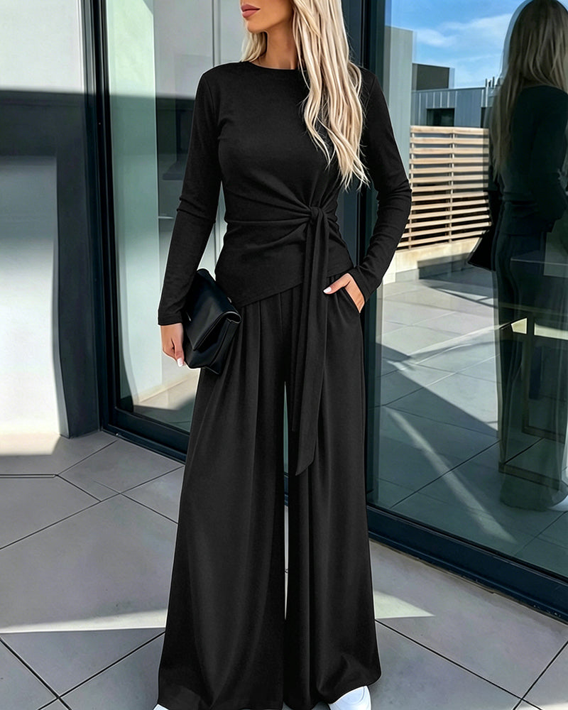Women's 2 Piece Knit Lounge Set Long Sleeve Tie Waist Top and High Waisted Wide Leg Pants Casual Soft Sweatsuit with Pockets - Image 13