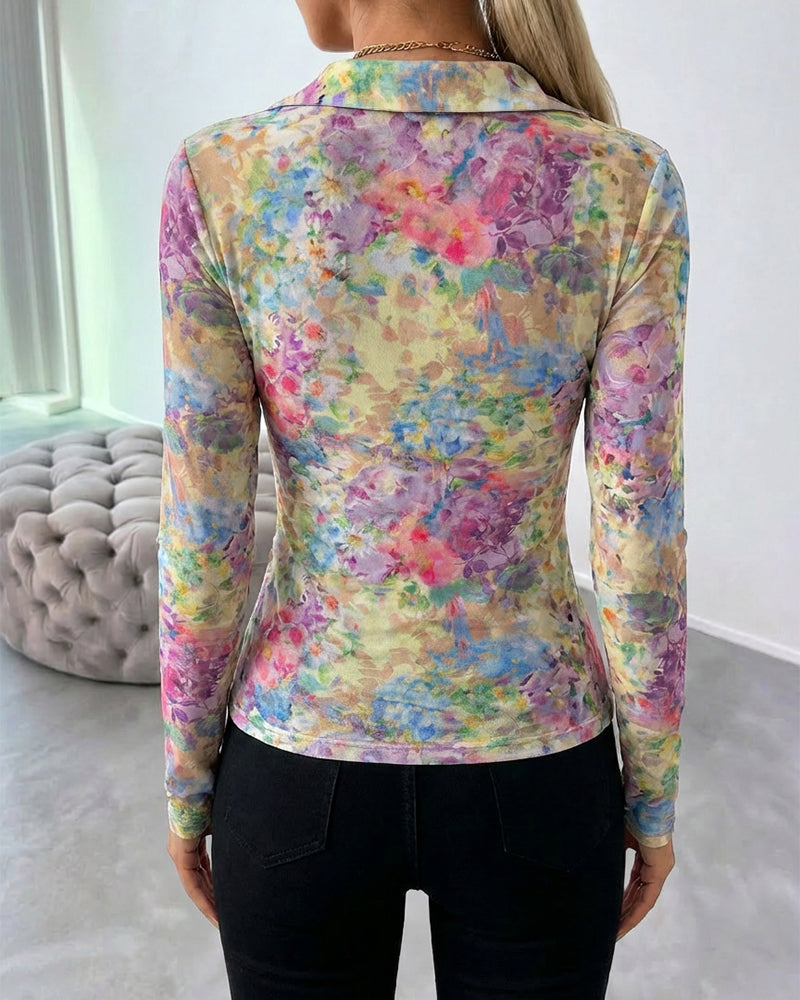 Watercolor Floral Print Turn-down Collar V-Neck Button Front Shirt Slim Fit Long Sleeve Ruched Sheer Mesh Top - Image 2