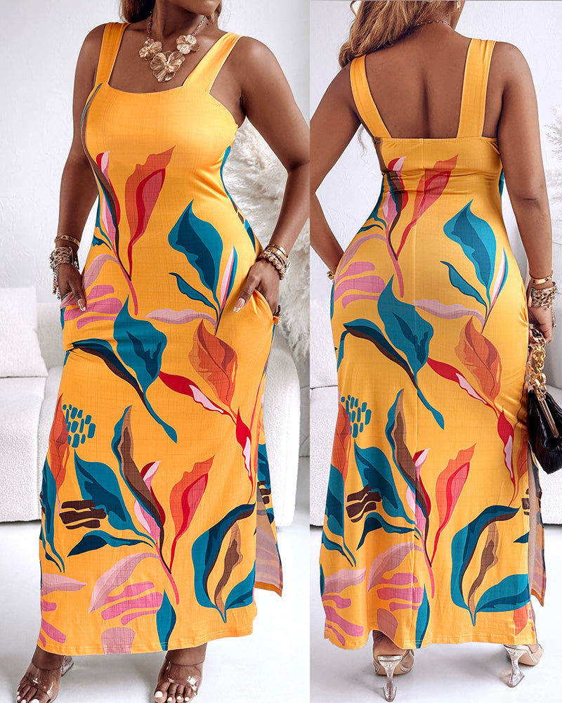 Plants Placement Print Square Neck Thick Strap Side Slit Maxi Dress Casual Vacation Dress with Pockets - Image 3