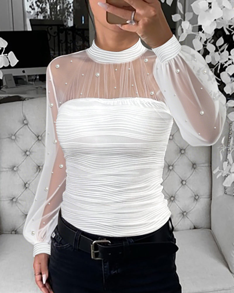 Pearls Decor Mock Neck Sheer Mesh Spliced Ruched Tee Hollow-out Back Slim Fit Textured Top - Image 4