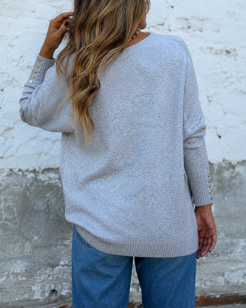 Women's Oversized Sweater Button Decor Crewneck Curved Hem Dropped Shoulder Loose Soft Pullover - Image 2