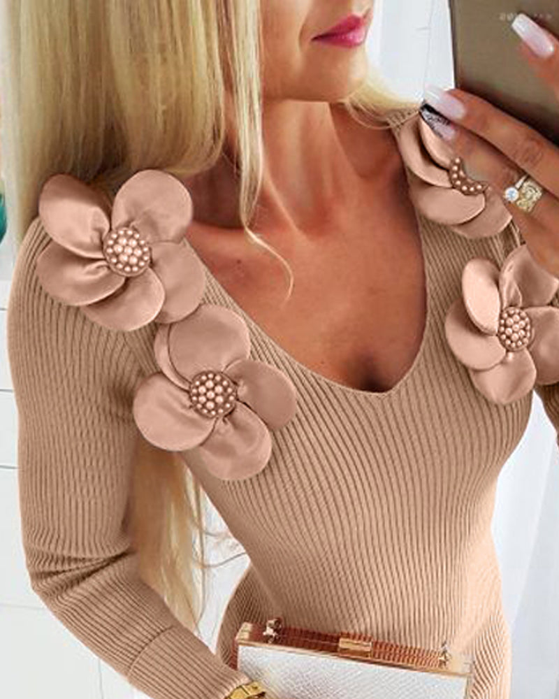 Floral Pattern V Neck Bodycon Mini Dress Long Sleeve Knit Sweater Dress - Image 5