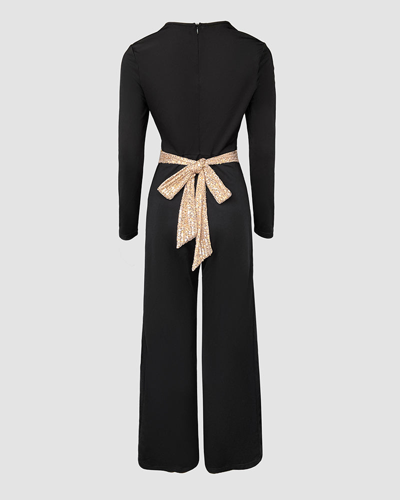 Sequin Bowknot Decor Contrast Sequin Paneled Square Neck Long Sleeve Jumpsuit Casual Cinched Waist Wide Leg Jumpsuit - Image 8