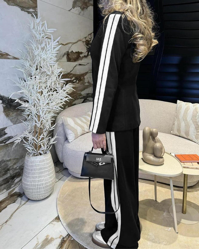 2 Pieces Outfit Notched Collar Single Breasted Pockets Design Coat And Elastic Waist Seam Front Wide Leg Pants Set Casual Contrast Side Striped Blazer Set - Image 13