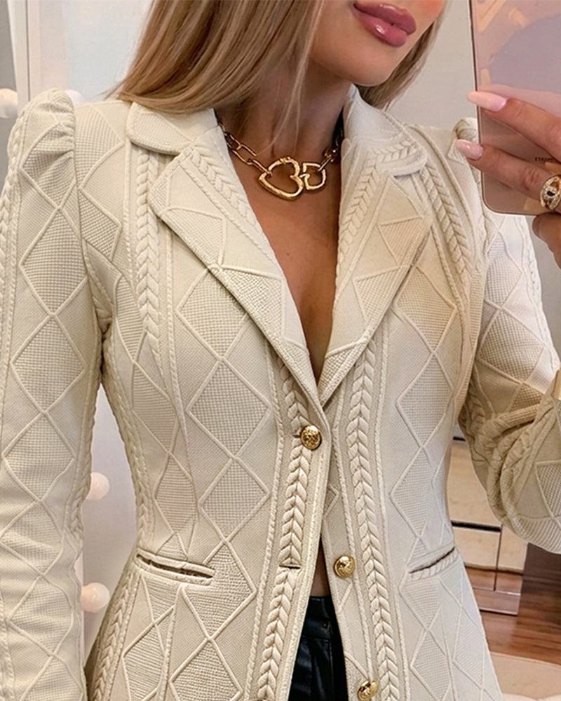 Women's Elegant Argyle Textured Blazer Slim Fit Puff Sleeve Suit Jacket Gold Button Work Office Commuter Blazer with Pockets - Image 4