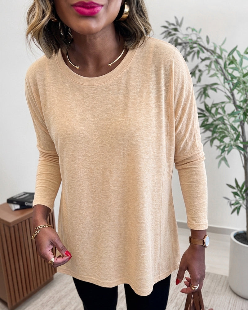 Women's Asymmetric Hem Long Sleeve Top Loose Fit Dropped Shoulder Crewneck Soft Slouchy Casual Tee - Image 6