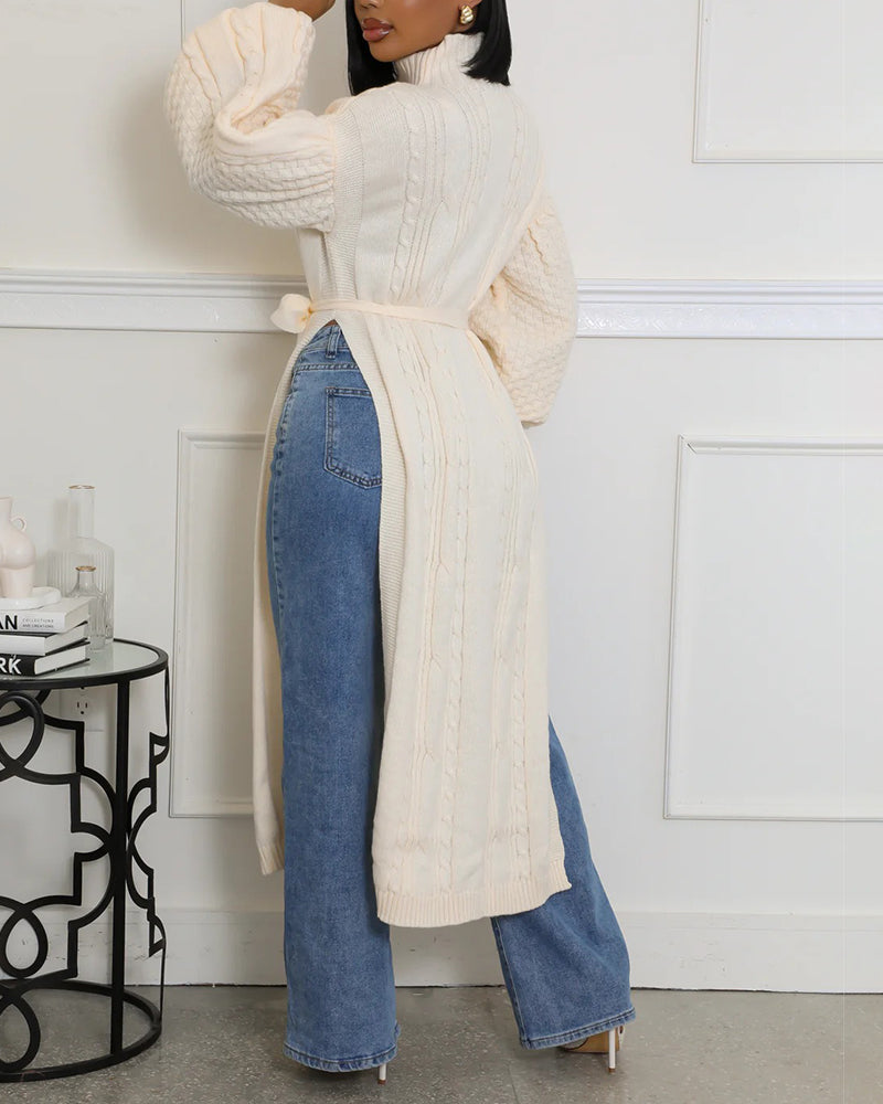 Cable Textured High Neck Lantern Sleeve Bow Tie Waist Sweater Casual High Slit Knit Longline Top - Image 15