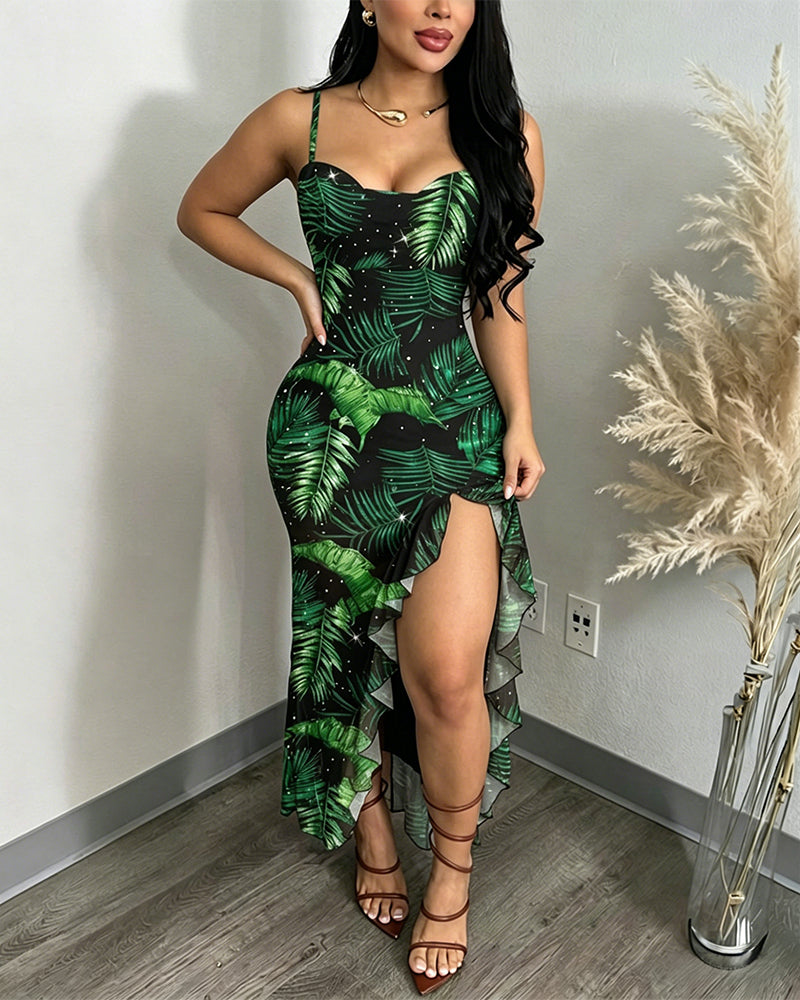 Women's Tropical Plants Cami Midi Dress Casual Rhinestone Mesh Vacation Dress Slit Ruffle Hem Sundress - Image 6