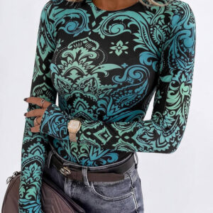 Women's Vintage Print Long Sleeve Top Slim Fit Crewneck Tee Retro Stretchy Base Layer Shirt with Thumb Holes