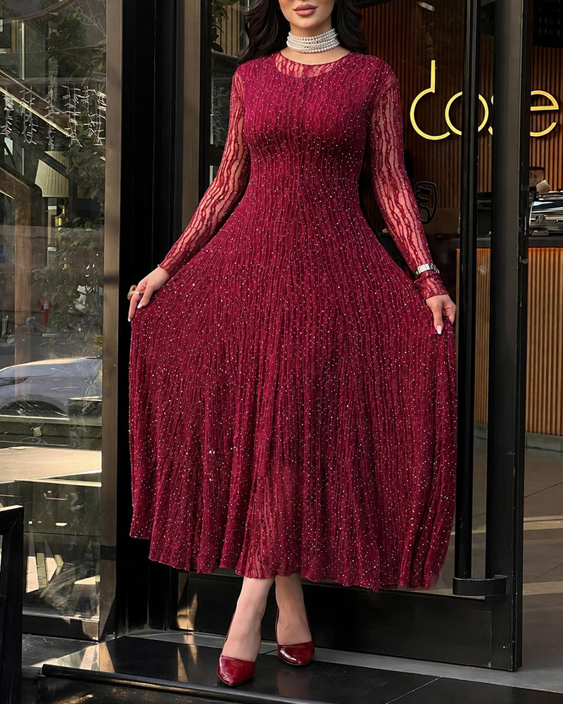 Women's Rhinestone Lace Long Sleeve Maxi Dress Crew Neck Textured A-Line Evening Gown - Image 3