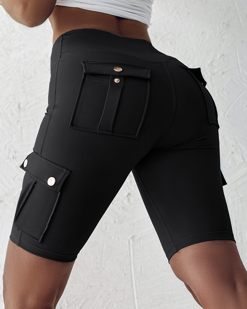 Tummy Control Butt Lifting Active Shorts High Waist Flap Pocket Workout Bermuda Cargo Running Shorts - Image 2
