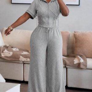 Women's Rhinestone Sweatshirt Set Short Sleeve Hooded Two-Way Zipper Front Crop Top and Wide Leg Sweatpants Set