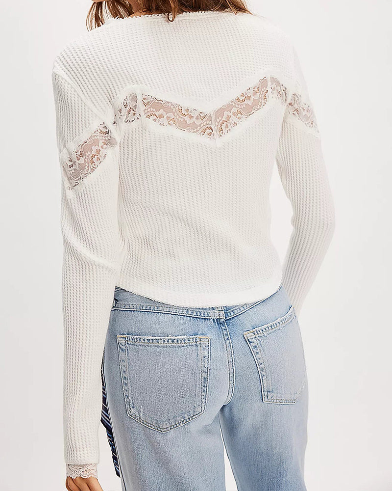 Women's French Style Waffle Knit Cardigan Square Neck Lace Patchwork Top Long Sleeve Button Front Slim Fit Blouse - Image 5