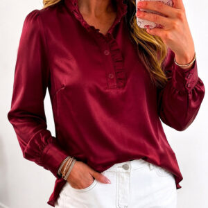 Women's Satin Frill Hem Blouse Long Sleeve Half Button Shirt Elegant Stand Collar Office Work Top