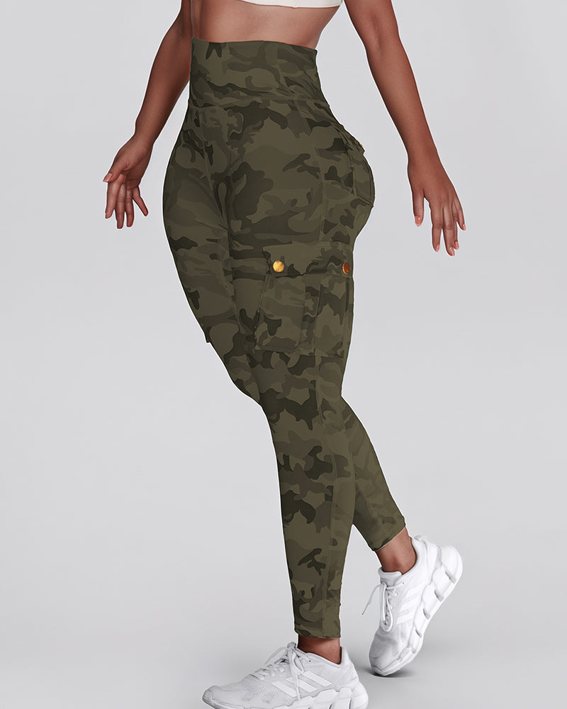 Camouflage Print High Waist Skinny Leggings with Cargo Flap Pockets Casual Pants - Image 3