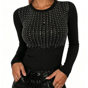 Women's Crewneck Rhinestone Ribbed Knit Top Slim Fit Long Sleeve Top