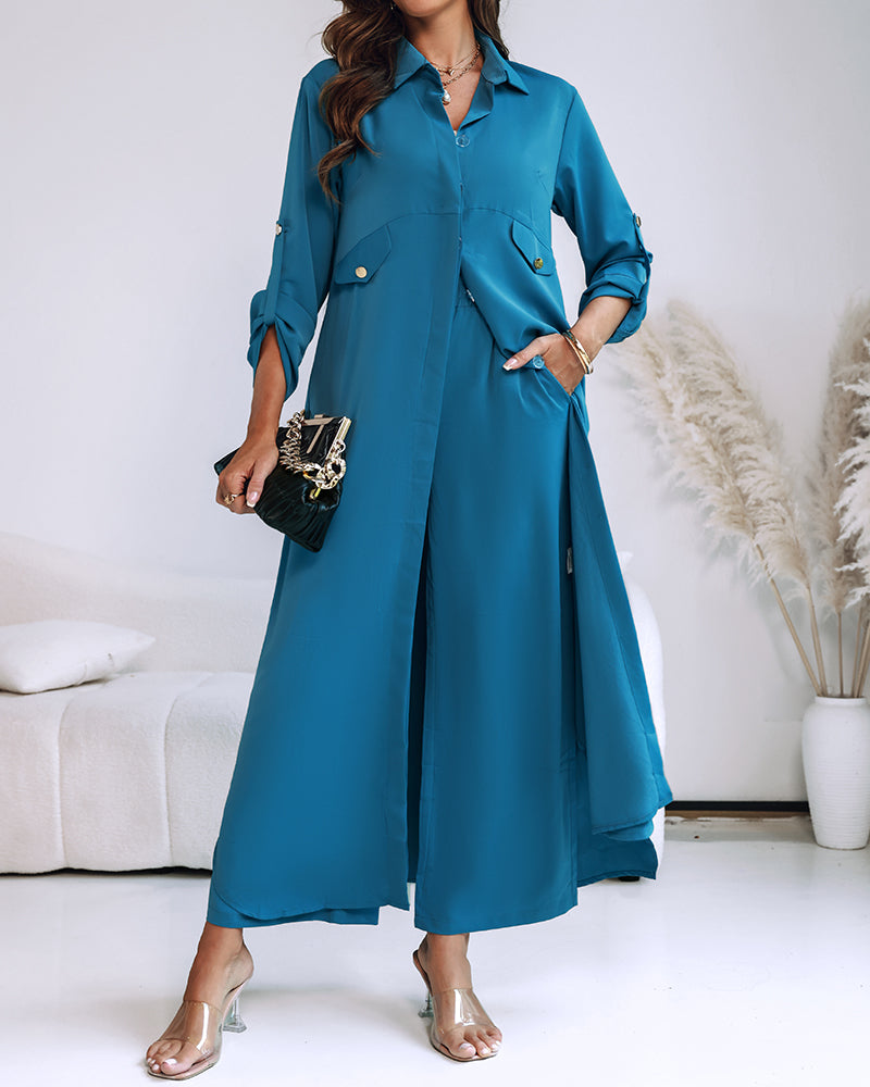 2 Pieces Outfit Turn-down Collar Turn-Up Sleeves Button Front Asymmetrical Hem Longline Blouse and Casual Elastic Waist Wide Leg Pants Set - Image 11