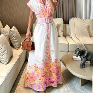 Women's Floral Print Maxi Dress Notched Collar Button Down Swing Dress Elegant French Style Vacation Dress with Belt