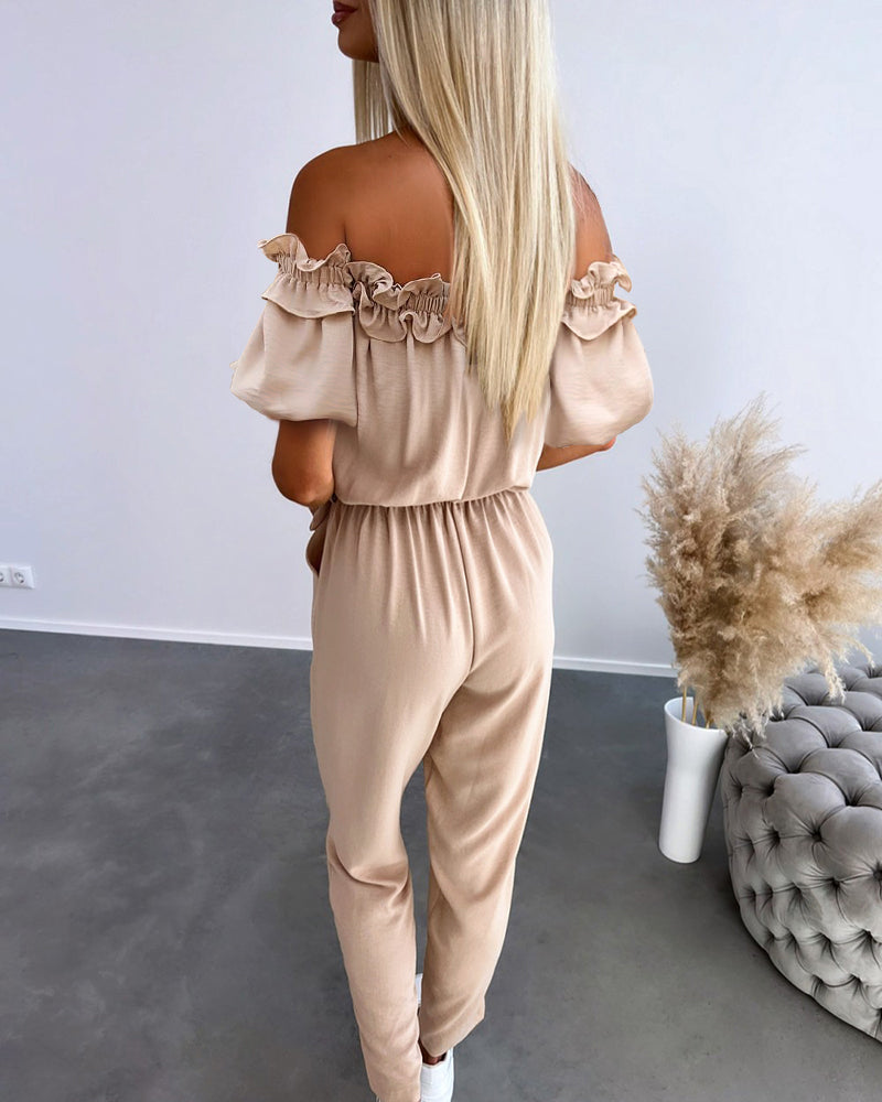 Frill Trim Off Shoulder Short Sleeve Tie Waist Overalls Casual Textured Jumpsuit - Image 2