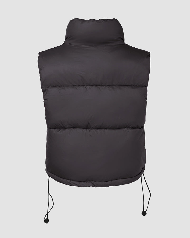 Stand Collar Zip Up Lightweight Cropped Puffer Vest Sleeveless Drawstring Hem Padded Coat - Image 13