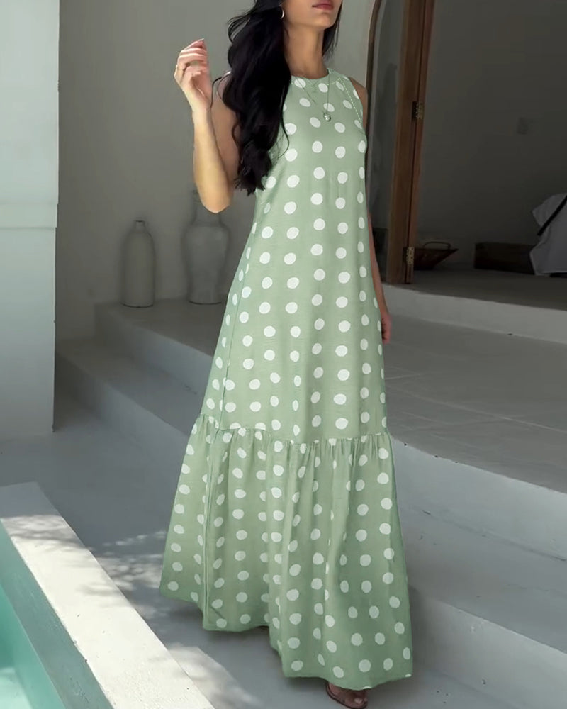 Women's Polka Dot Maxi Dress Casual Sleeveless Lace up Back Vacation Dress Elegant Ruffle Hem Loose A Line Long Sundress - Image 7