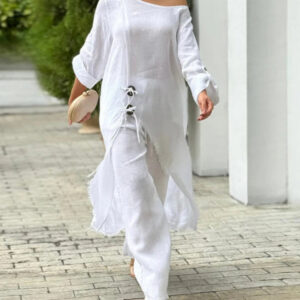 2 Pieces Outfit Button Decor One Shoulder Turn-Up Sleeves Slit Raw Edges Top and Casual Drawstring Elastic Waist Wide Leg Pants Set