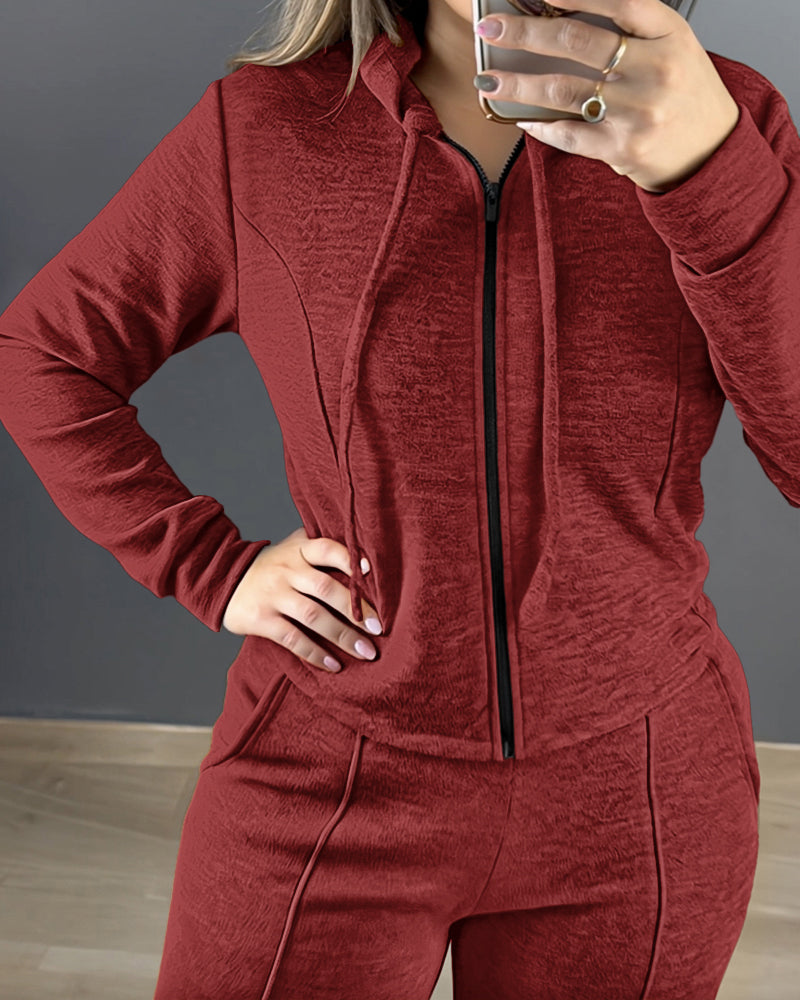 2 Pieces Outfit Long Sleeve Zip Up Drawstring Hoodie Coat and Casual Elastic Waist Seam Front Straight Leg Pants Set - Image 12
