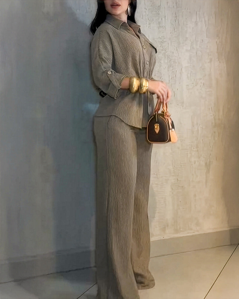 2 Pieces Outfit Vintage Turn-down Collar Roll Up Sleeve Button Front Flap Pocket Design Waist Drawstring Top and Elastic Waist Wide Leg Pants Set Casual Textured Commuting Set - Image 2