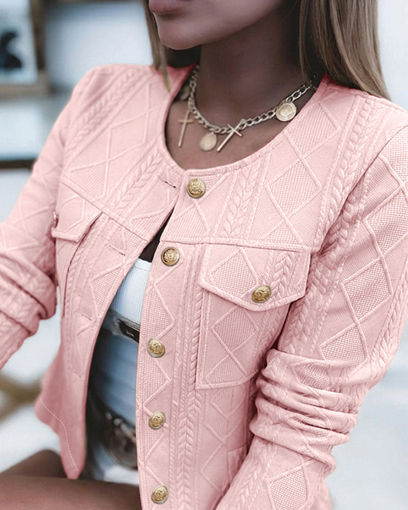 Women's French Style Cropped Jacket Round Neck Gold Button Coat Argyle Cable Jacquard Knit Outerwear - Image 10