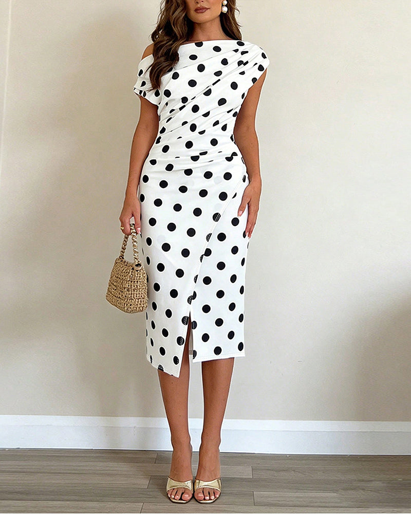 Polka Dot Print Skew Neck Ruched Mid-length Dress Elegant Wrapped Slit Dress - Image 4