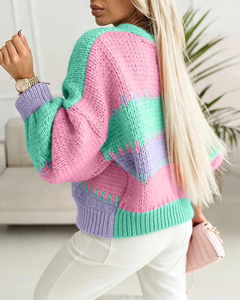 Women's Colorblock Knit Cardigan Chunky Knit Sweater Ribbed Trim Long Sleeve Casual Loose Knitwear - Image 2