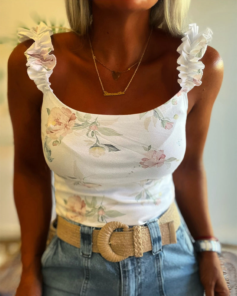 Watercolor Floral Print U-Neck Ruffles Straps Tank Slim Fit Backless Cami Top - Image 4